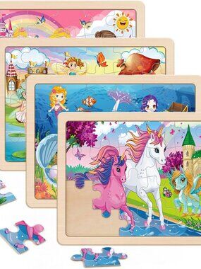 Wooden Jigsaw Puzzles for Kids 4-6 Unicorn Mermaid Princess Fairy 4-Pack 24PC